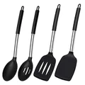 Thimmamma Silikon Pfannenwender Löffel, Hitzebeständig Spachtel Küche Geschlitzt Set für Kochen, BPA Frei Küchenhelfer Schwarz Küchenutensilien Spülmaschinengeeignet, 4 Stück, Silicone Spatula Spoons
