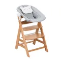 hauck Alpha Newborn Set Pre, Nature Beige - Babystuhl mit Neugeborenenaufsatz ab Geburt, Mitwachsender Holzhochstuhl bis 90 kg Inklusive 5-Punkt-Gurt, Schrittgurt & Schutzbügel