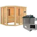 Karibu Multifunktions-Sauna Ava inkl. Infrarotstrahler mit Eckeinstieg 68 mm Ohne Dachkranz 9 kW Ofen inkl. Steuergerät