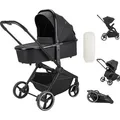 Booboo Jazzi Kinderwagen, 2 in 1 Kombikinderwagen mit Sportwagen + Babywanne, ab Geburt bis 22 kg, leicht, kompakt, große Räder - Black - Schwarz