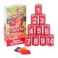 Relaxdays Dosenwerfen für Kinder, Büchsenwerfen Garten, 10 Blechdosen & 3 Säcke, Wurfspiel für Kindergeburtstage, rot