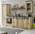 Küche "Stove" in Used Wood hell und anthrazit Küchenschrank Set 5-teilig 284 x 201 cm inklusive Beleuchtung