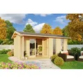 Gartenhaus LASITA MAJA "Riverside, Naturbelassen", beige (naturbelassen), Fußboden im Gartenhaus, ohne Dacheindeckung, Gartenhäuser, mit Terrasse