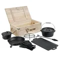 BBQ-Toro 8-teiliges Dutch Oven Set in Holzkiste | Gusseisen, bereits eingebrannt - preseasoned | Zubehör Set mit Dutch Oven, Holzkiste, Grillplatte, Stieltopf, Bratpfanne, Untersetzer, Deckelheber
