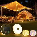 Camping Lichterkette Aufrollbar, Tragbare 3 in 1 Lichterkette Außen Solar & USB Aufladbar Camping Licht 10M mit 13 Beleuchtungsmodi Wasserdicht LED Lichterkette Camping Gadgets für Wohnmobil, Wandern