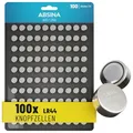 ABSINA AG13 LR44 Knopfzelle 100er Pack - 1,5V Alkaline Knopfzellen auslaufsicher & mit Langer Haltbarkeit - LR1154 / L1154 / L1154F / G13 / G13A / 13GA / 157 / V13GA / PX76A / RW82 - Knopfbatterien