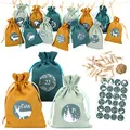 Papierdrachen Adventskalender 2025 - Stoffsäckchen (24 St.) in Petrol mit Zahlenaufklebern - Stoffbeutel zum Befüllen & Dekorieren - Geschenkidee