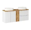 Lomadox Doppelwaschtisch NEWPORT-56-WHITE, 120cm breit mit Aufsatzwaschbecken, weiß mit Eiche, gerillte Front
