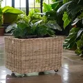 KRINES HOME Großer Pflanzkorb Rattan grau XXL Pflanzkübel Blumentopf mit Rollen Rollkorb Rattankorb (Grau Natur, Rechteckig)