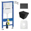 DOMINO Geberit Duofix Basic Vorwandelement + Wand-WC Tiefspül Lago Becken Schwarz Spülrandlos + Schwarze Bedienplatte Delta 25 für Doppelspülung | Set