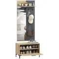 HOMCOM Garderobe Set, Garderobe mit Spiegel, Haken, Schuhbank, Ablage, Garderobenständer, Garderobenset, Flurgarderobe mit Klappschublade, für den Flur, 60 x 13,5 x 127,5 cm, Naturholz