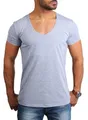 Young & Rich Herren Uni T-Shirt Basic mit extra tiefem V-Ausschnitt Slimfit deep V-Neck Stretch dehnbar 1315, Grösse:S, Farbe:Grau