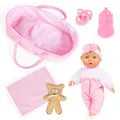 Bayer Design 92866AR Babypuppe, weicher Körper, 28 cm, Puppentragetasche, Decke, Kissen, Schnuller, Flasche, Teddy, Rosa