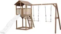 AXI Beach Tower Spielturm aus Holz in Braun | Spielhaus für Kinder mit weißer Rutsche, Doppelschaukel und Sandkasten | Stelzenhaus für den Garten