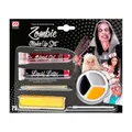 Widmann 01144 - Make-Up Set Zombie, flüssiges Latexblut 10 ml, schwarzer und grauer Eyeliner 4,8 ml, 3-farbiges Make-Up 4,5 ml, Pinsel, 2 Schwämme, Halloween, Karneval, Mottoparty
