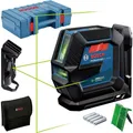 Bosch Professional Linienlaser GLL 2-15 G (grüner Laser, Innenbereich, Halterung LB 10, Deckenklammer, sichtbarer Arbeitsbereich: bis 15 m, 4x AA-Batterie, Handwerkerkoffer)
