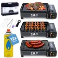 Z.M.C 2-in-1 tragbarer Campingkocher und Gasgrill Klein inkl. Grillzubehör Set und Koffer + 12x Gaskartuschen 227g, Balkon Tischgrill Gaskocher 2,2 kW mit LPG-Anschluss für Camping, Outdoor und indoor
