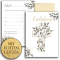 10 Einladungskarten mit Umschlag Einladung Glitzer zweiseitig Karten stilvoll kreuz Aquarell zart zur Taufe Kommunion Konfirmation Firmung Blättern Grün Beige Mädchen zum selbst gestalten Glitzer