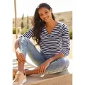V-Shirt HEINE "Shirt", Damen, Gr. 50, bunt (marine, ecru, gestreift), 50% Baumwolle, 50% Modal, gemustert, gestreift, V-Ausschnitt, Langarm, Shirts
