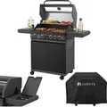 Juskys BBQ Gasgrill Savannah - 4 Brenner & 1 Seitenbrenner - Stahl Grill mit Gusseisen Rost