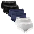 Fabio Farini - 6 Stück Damen Hipster Baumwoll Unterhosen Frauen Höschen Slips Panties Unterwäsche Spitze Sets Pack - Hotpants Brazilian mehrpack 2X Schwarz/2x Blau/2x Grau Melange 40