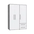 FORTE Jupiter Schrank 140 150, Kleiderschrank, Drehtürenschrank, 3-türig, mit 2 Schubladen und Einlegeböden, Betonoptik Grau und Weiß, 145 cm breit x 59 cm tief x 200 cm hoch