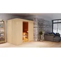 Karibu Sauna Innensauna Bodin Fronteinstieg Ofen 9 KW externe Strg easy 196x151x198 cm ohne Dachkranz mit Bronzierte Tür
