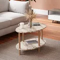 [en.casa] Couchtisch Højreby Sofatisch mit 1 Ablage oval Wohnzimmer 70 x 44 x 43 cm Beine aus Buchenholz Marmoroptik, Creme