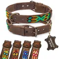 ALTEZAR Lederhalsband Hund - Doppelt Tribal Bestickt Grün Braun - Hochwertig verarbeitetes Hundehalsband Leder - Handgemacht in Mexiko - Größe M - Halsband Hund für mittel-große Hunde Leder breit