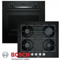 BOSCH Gasherd-Set Gas Herdset Autark Elektro Backofen Schwarz + GAS Glaskeramik Kochfeld, mit 1-fach-Teleskopauszug, Energieeffizienzklasse A