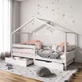 IDIMEX Hausbett ENA aus massiver Kiefer, schönes Montessoribett in 90 x 200 cm, Kinderbett mit Rausfallschutz, stabiles Spielbet mit Dach und 2 Schubladen in weiß