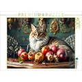 CALVENDO Puzzle Katze auf Gründerzeit-Tisch mit reifem Obst 1000 Teile Lege-Größe 64x48cm Foto-Puzzle für glückliche Stunden