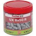 fischer Universaldübel UX 8 x 50 R, handliche Runddose mit 75 Nylondübeln, Allzweckdübel mit Rand für optimalen Halt bei Befestigungen in Beton, Gipskarton, Kalksand-Lochstein uvm.