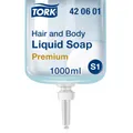 Essity Professional Hygiene Germany GmbH Tork Flüssigseife Hair & Body, mild, S1 kompatibel, Unisex, Duschgel und Shampoo in einem, ideal für Hotels, Schulen, Sportstätten, 1 Karton = 6 Flakons à 1000 ml 420601