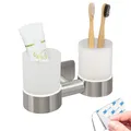 bremermann Bad-Serie Piazza Tape - Doppel-Glasbecherhalter ohne Bohren, mit Klebepad - selbstklebend - Becherhalter, Zahnb�rstenhalter, aus Glas und Edelstahl, matt