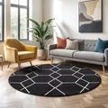SANAT Wohnzimmerteppich – Pflegeleicht, für jeden Raum geeignet – Öko-Tex zertifizierter Flächenteppich – Trellis Muster, Schwarz, 120 cm Rund
