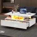 Merax Hochglanz-Couchtisch mit LED 90x55x41 cm, Beistelltisch mit 2 Schubladen, Sofatisch mit Stauraum und Fernbedienung – Weiß