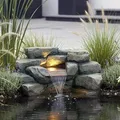 Kunstfelsen Wasserfall mit LED für Teich – Komplett Set inkl. 5W Pumpe & Schlauch Teichdeko in Steinoptik Wasserspiel für Gartenteich - Braun