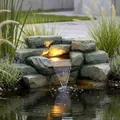 Kunstfelsen Wasserfall mit LED für Teich – Komplett Set inkl. 5W Pumpe & Schlauch Teichdeko in Steinoptik Wasserspiel für Gartenteich