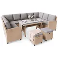 di volio Polyrattan Sitzgruppe Livorno - Lounge Gartenmöbel-Set mit Ecksofa, Tisch, 2 Hockern - Loungemöbel in Rattan-Optik inkl. eine Fleecedecken (beige)