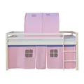 Homestyle4u Kinderbett 90x200 Weiß Hochbett mit Treppe Tunnel Vorhang Rosa Bettgestell Massivholz Kiefer