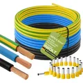 H07V-K Verdrahtungsleitung Set in Schwarz, Blau, Grün-Gelb Ausführung Länge: 3x 2m + 20x Aderendhülsen 6mm2