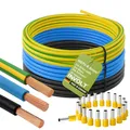 INVOLT H07V-K Verdrahtungsleitung Set, 6 mm² - 3x 2m Einzeldrähte in Schwarz, Blau, Grün-Gelb VDE-zertifiziert, 20 Aderendhülsen, Made in Germany