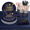 PYAILI 193 Pieces Happy Birthday Partygeschirr Set | Kindergeburtstag Dunkelblau Gold Pappteller | Tablecloth, Plates, Cups, Napkins, Papier Strohhalme und mehr (24 Gästes)