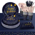 193 Pieces Happy Birthday Partygeschirr Set | Kindergeburtstag Dunkelblau Gol...