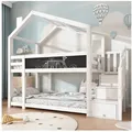 Flieks Etagenbett, Hochbett Hausbett mit Stauraumtreppe und Tafel Kiefer 90x200cm 96 cm x 256 cm x 223 cm