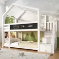 Flieks Etagenbett 90x200cm Kinderbett mit Tafel, Hochbett mit Rausfallschutz, Hausbett mit Schubladentreppe, Massivholzbett mit Lattenrost für 2 K... - Weiß