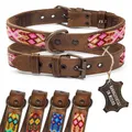 ALTEZAR Lederhalsband Hund - Doppelt Tribal Bestickt Rosa Weiß Pink Braun - Hochwertig verarbeitetes Hundehalsband Leder - Handgemacht in Mexiko - Größe L - Halsband Hund für große Hunde Leder breit