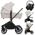 Lionelo Kombikinderwagen Mika Plus 3in1 bis 38 Monate (22kg), XXL-Verdeck mit UPF50+, 3-stufige Verstellung des Elterngriffs - Beige - Beige