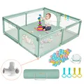 COMOMY Laufstall Baby, 180x200x66cm Laufgitter Baby Große XXL Sicherheitsspielplatz Schutzgitter für Kinder mit Weichem Netz, Rutschfestem Oxford Bottom, Bällen, Mini-Körbchen und 4 Zugringen, Grün